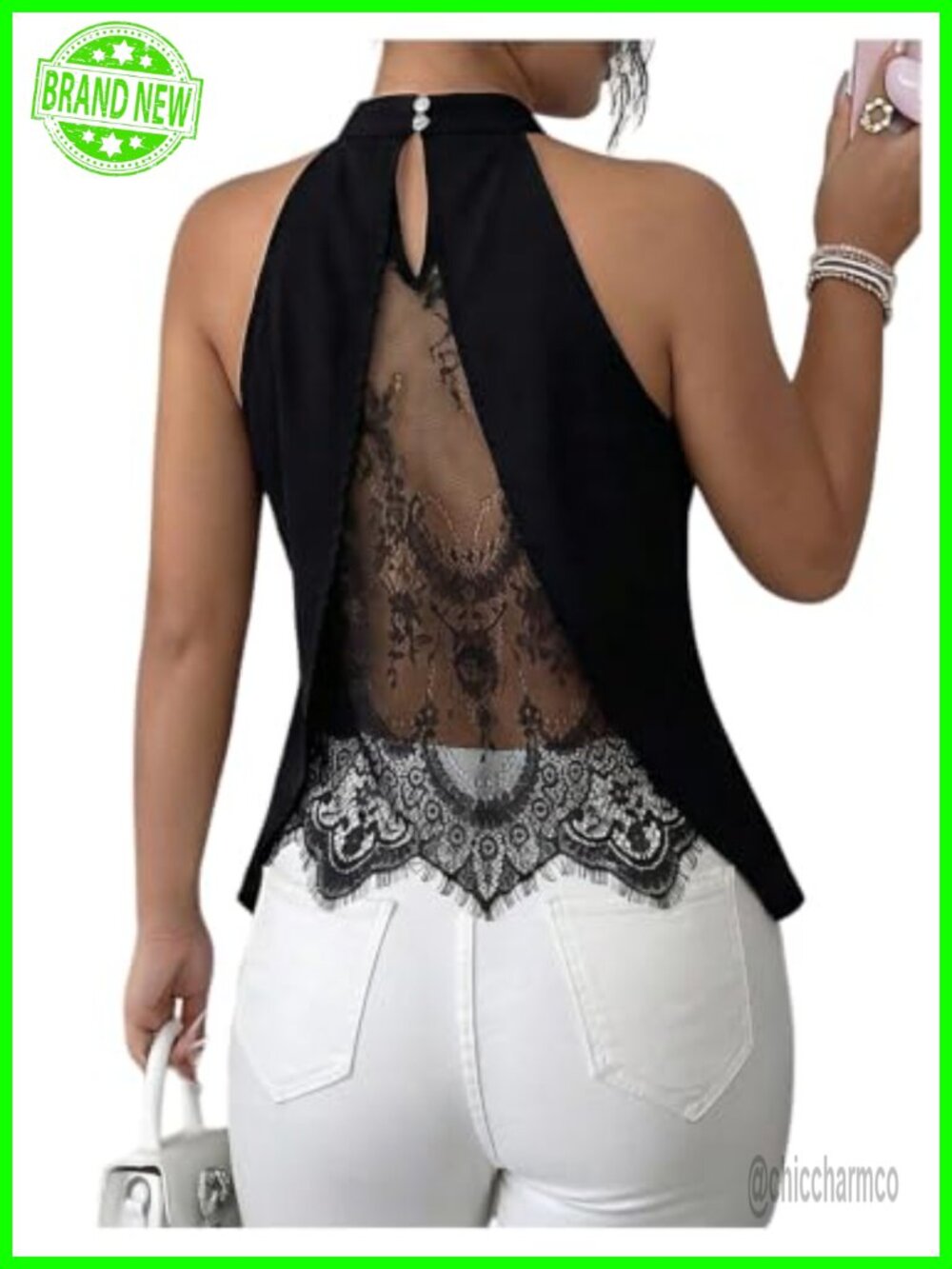 Women's Lace Sheer Mesh Asymmetrical Halter Tank Top Sleeveless Blouse
